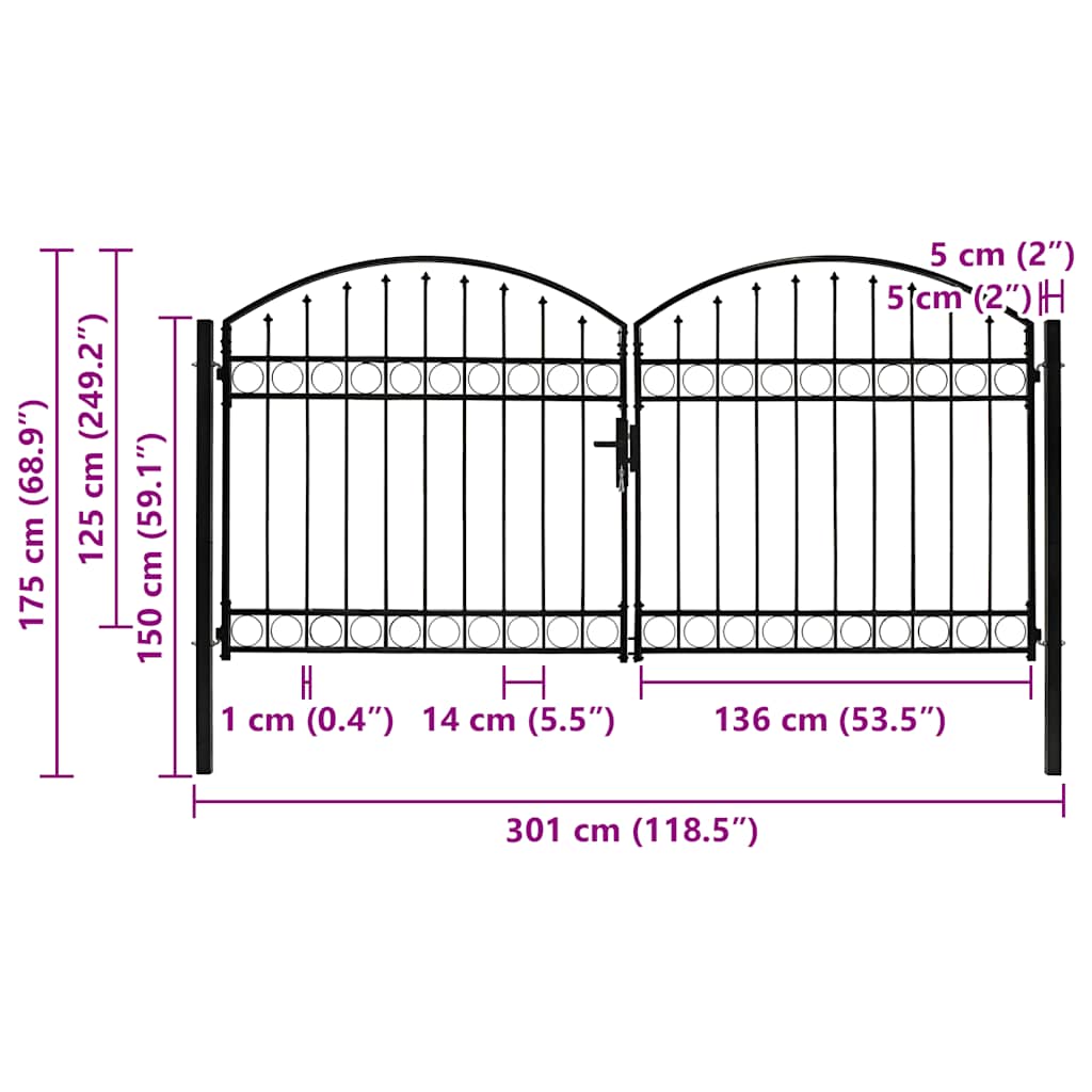 vidaXL Zauntor Doppelflügel Gewölbte Spitze Stahl 300 x 125 cm Schwarz