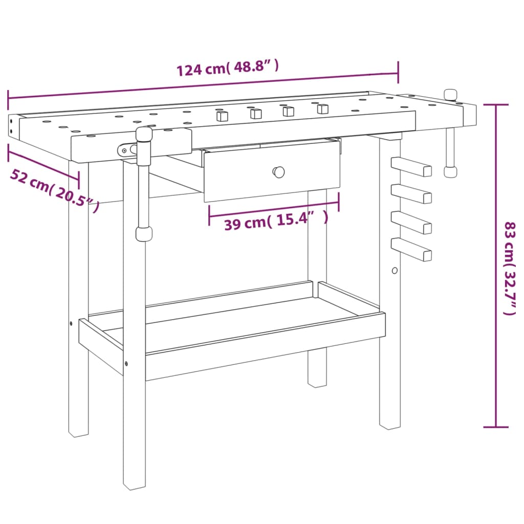 vidaXL Werkbank mit Schublade und Schraubstöcken 124 x 52 x 83 cm Massivholz Akazie