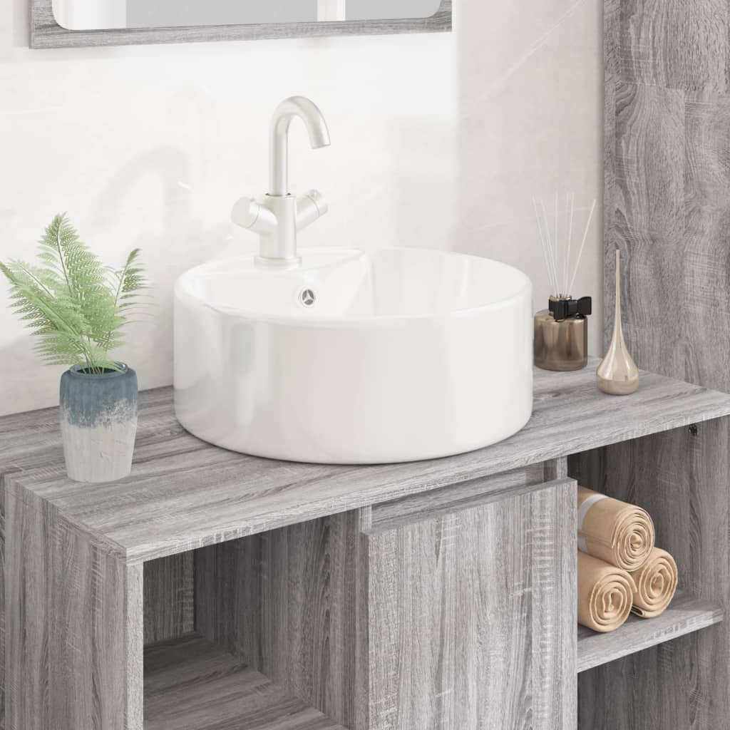 Keramik Waschbecken Hahnloch/Überlaufloch weiß rund