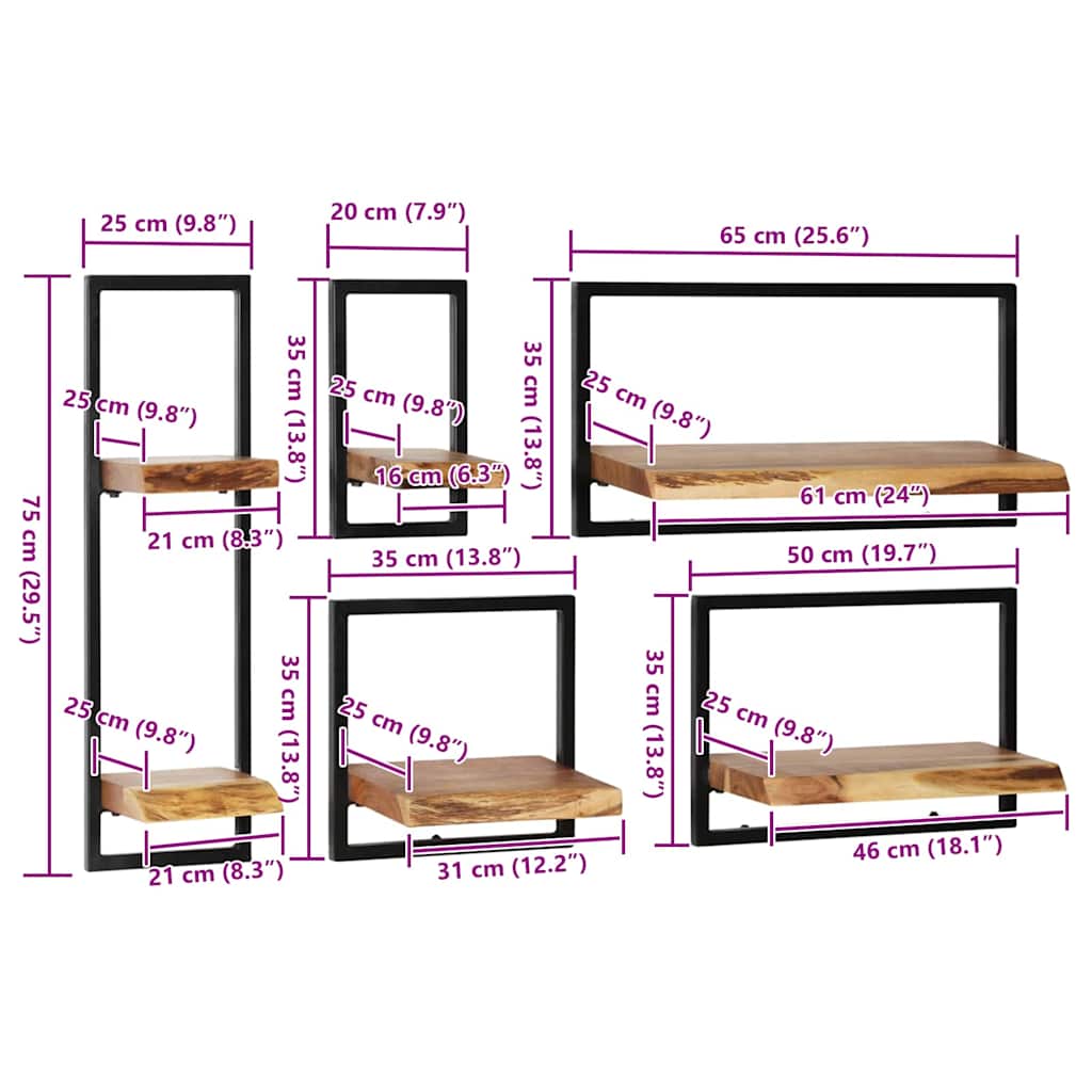 vidaXL Wandregal-Set 5-tlg. Akazienholz Massiv und Stahl