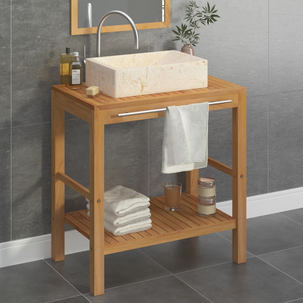 Waschtisch Massivholz Teak mit Waschbecken Marmor Schwarz