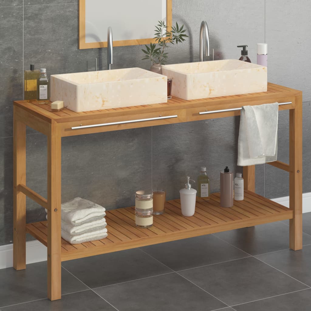 Waschtisch Massivholz Teak mit Waschbecken Marmor Schwarz