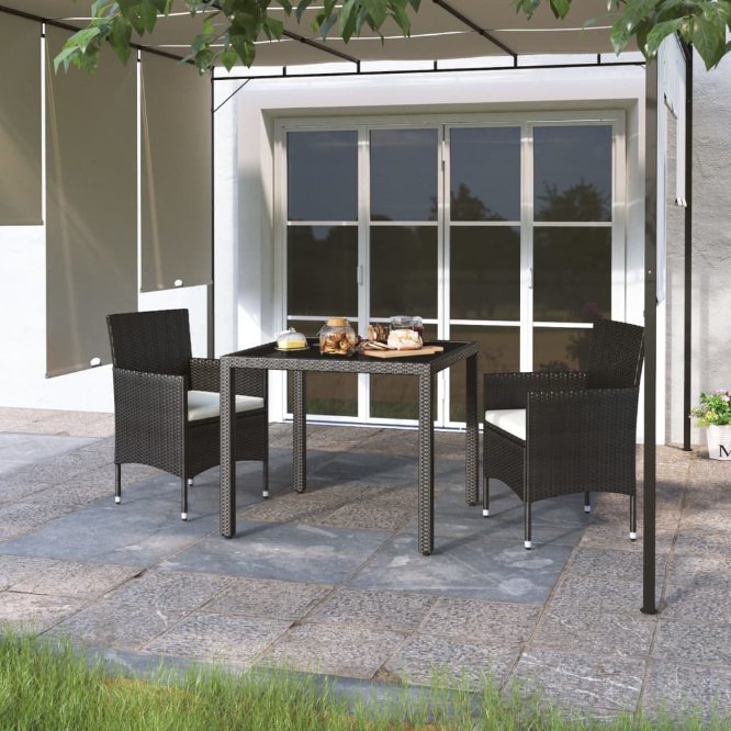 vidaXL 3-tlg. Garten-Essgruppe Poly Rattan und Hartglas Schwarz