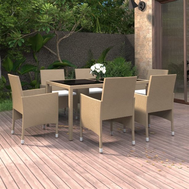 vidaXL 7-tlg. Garten-Essgruppe Poly Rattan und Hartglas Schwarz
