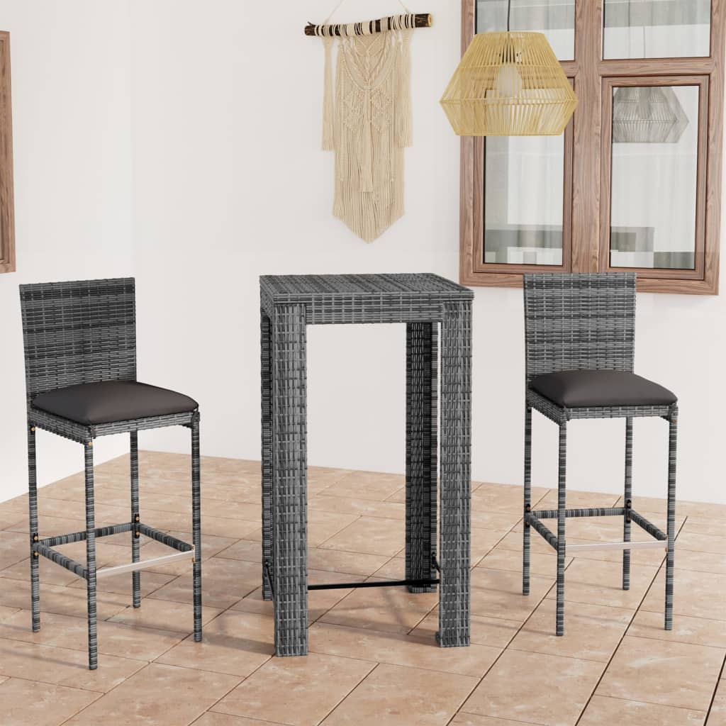vidaXL 3-tlg. Gartenbar-Set mit Kissen Poly Rattan Schwarz