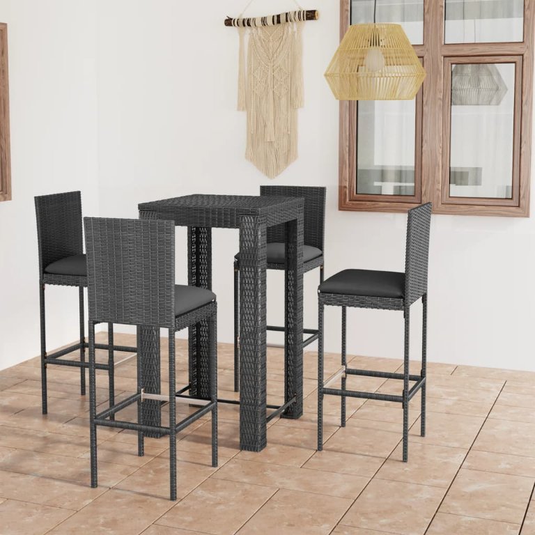 vidaXL 3-tlg. Gartenbar-Set mit Kissen Poly Rattan Schwarz