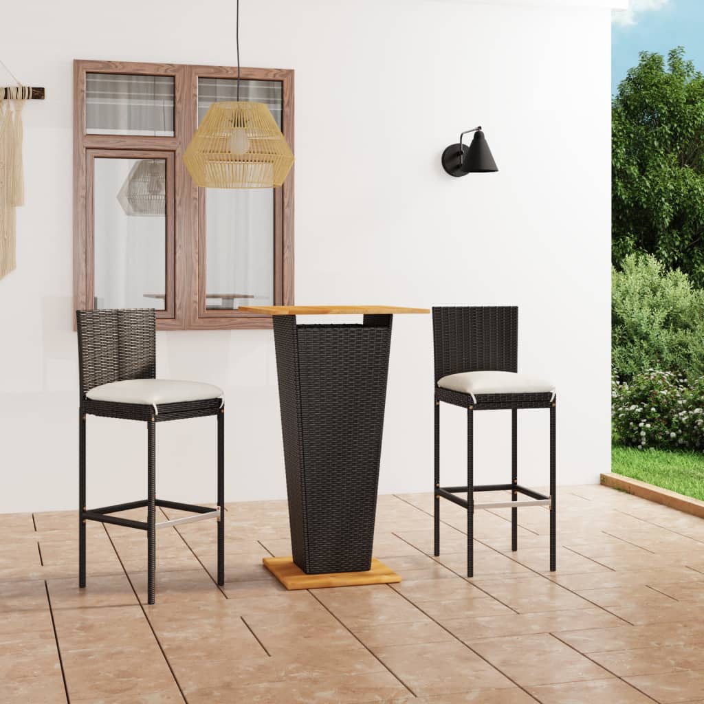 vidaXL 3-tlg. Gartenbar-Set mit Kissen Poly Rattan Schwarz