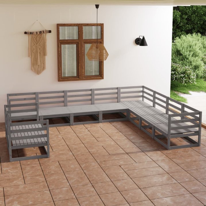 vidaXL 10-tlg. Garten-Lounge-Set Grau Kiefer Massivholz