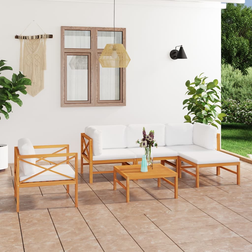 6-tlg. Garten-Lounge-Set mit Creme Kissen Massivholz Teak