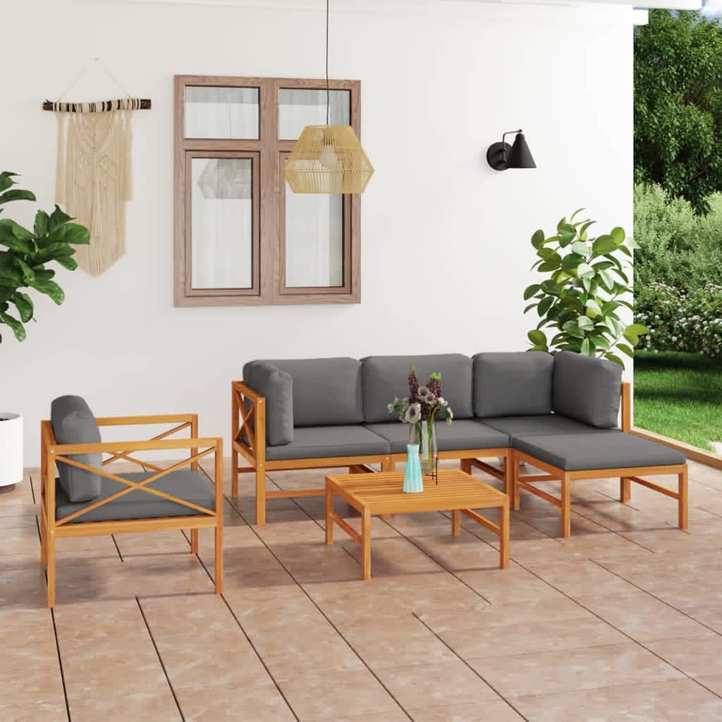 6-tlg. Garten-Lounge-Set mit Creme Kissen Massivholz Teak
