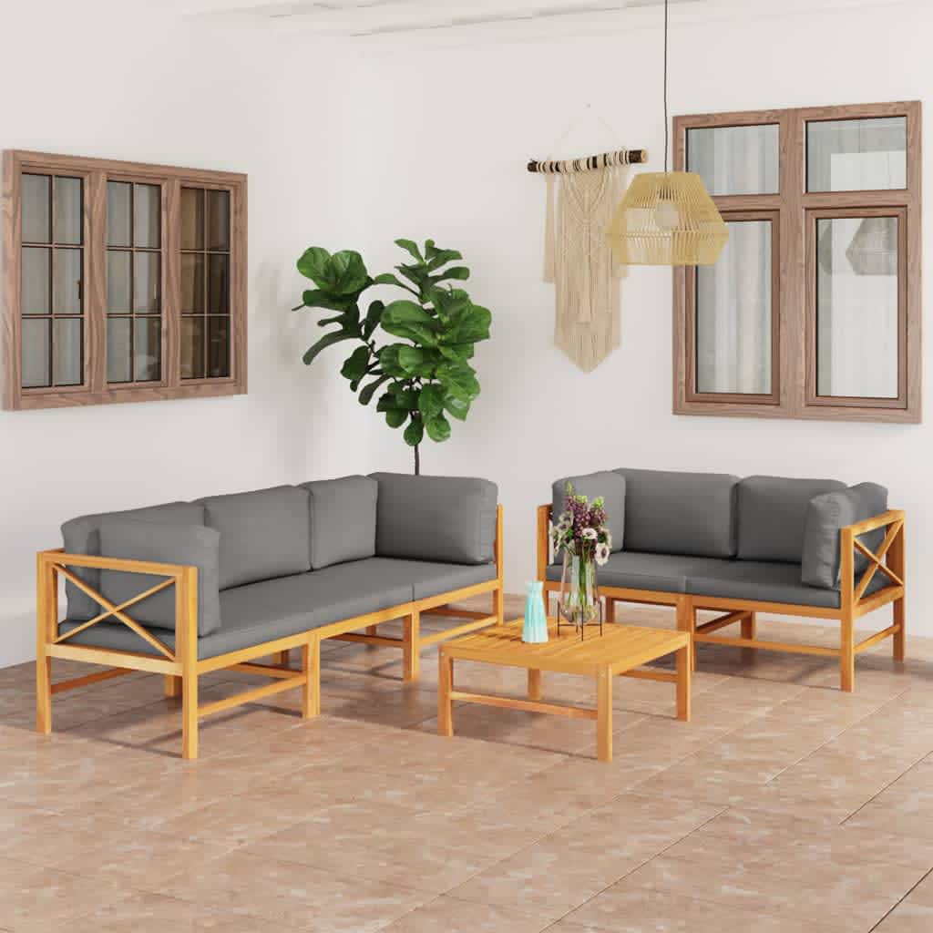 6-tlg. Garten-Lounge-Set mit Creme Kissen Massivholz Teak