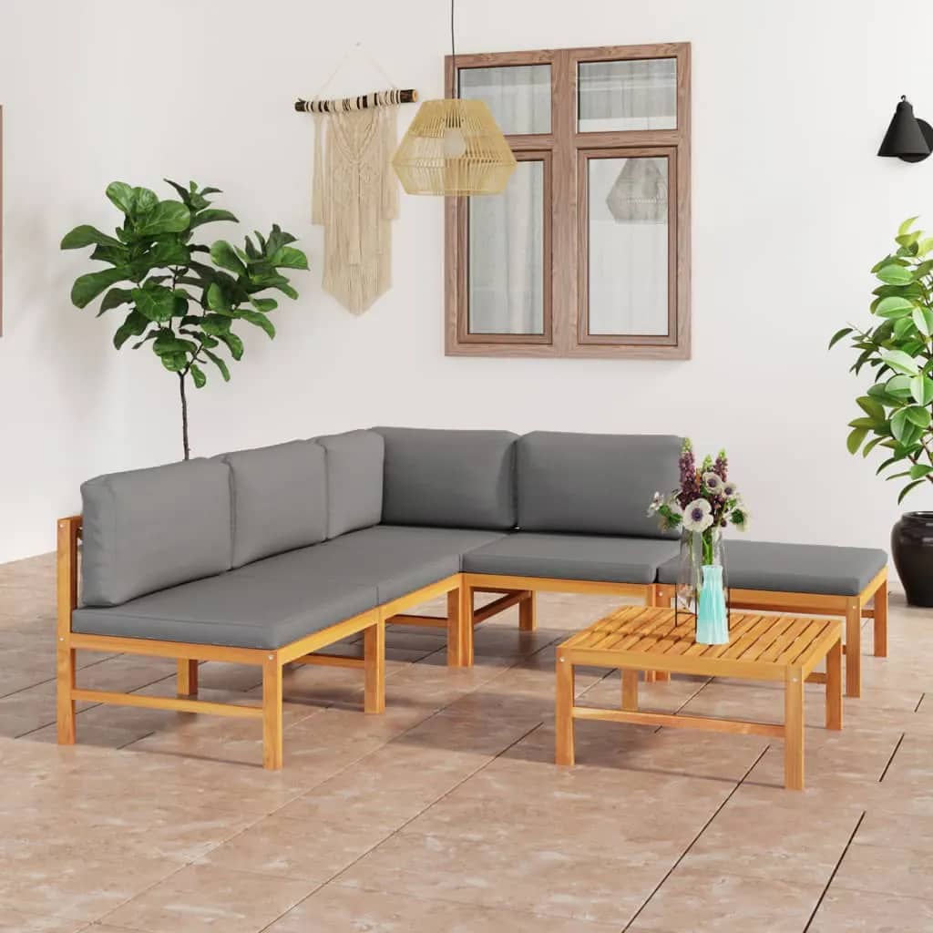 6-tlg. Garten-Lounge-Set mit Creme Kissen Massivholz Teak