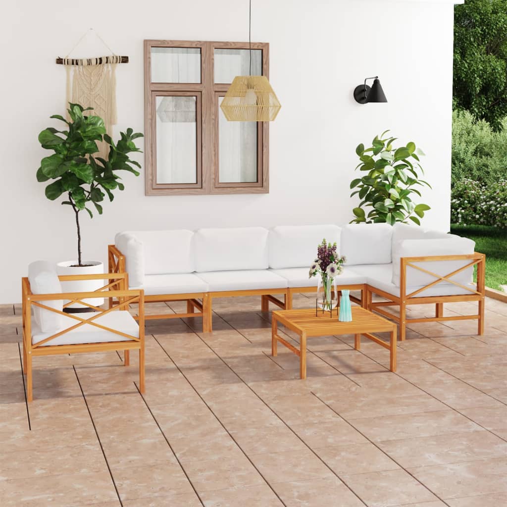 6-tlg. Garten-Lounge-Set mit Creme Kissen Massivholz Teak