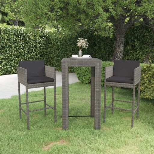 3-tlg. Gartenbar-Set mit Kissen Poly Rattan Braun