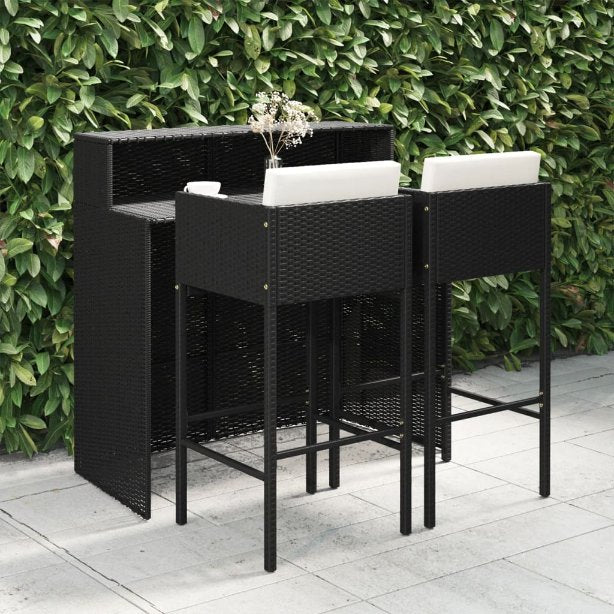 3-tlg. Gartenbar-Set mit Kissen Poly Rattan Braun