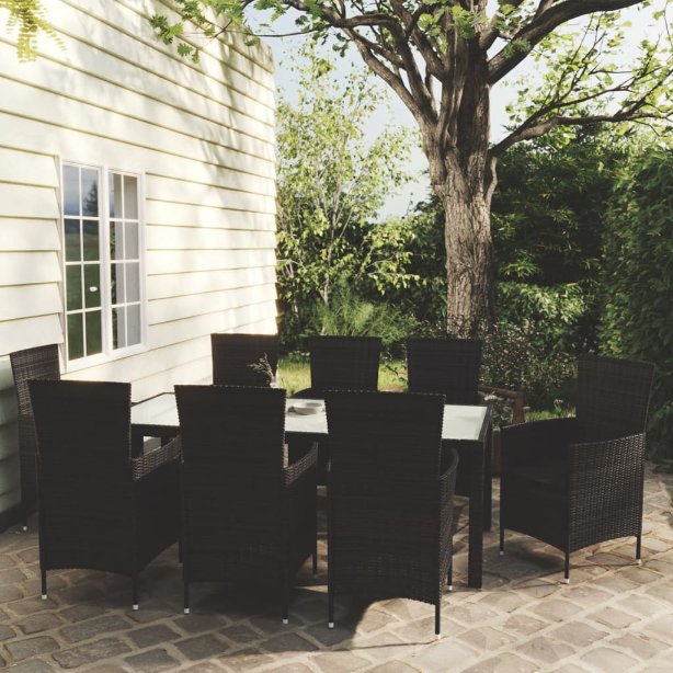 7-tlg. Garten-Essgruppe mit Auflagen Poly Rattan Schwarz