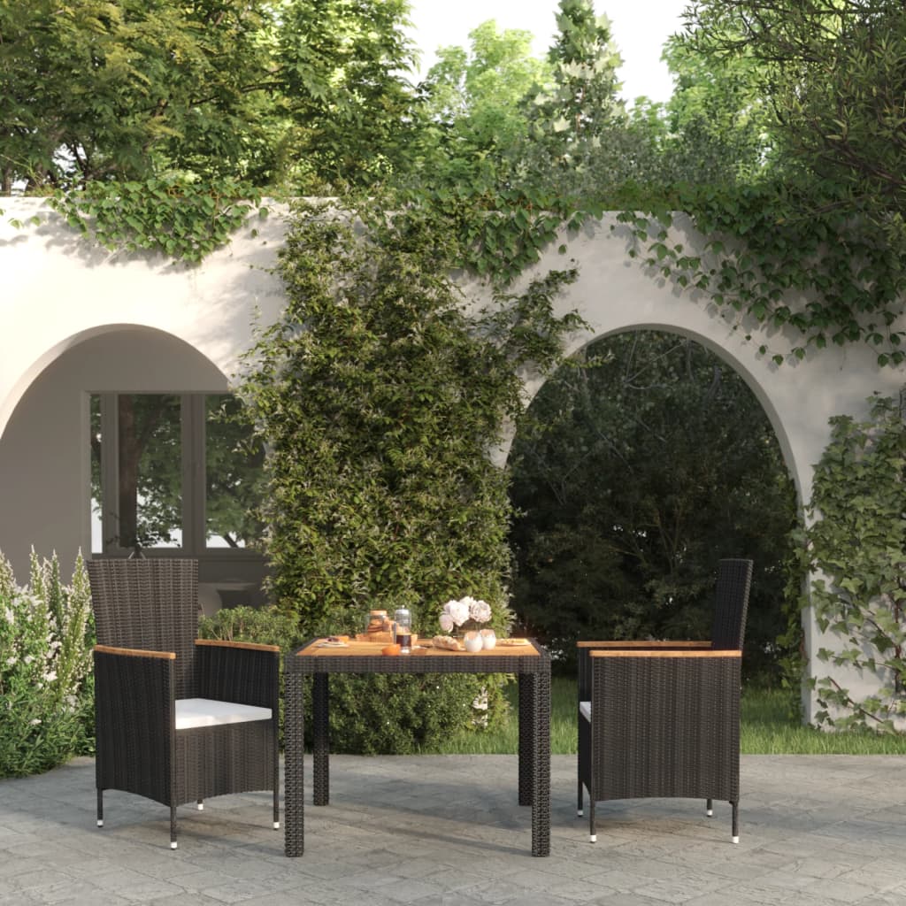 3-tlg. Garten-Essgruppe mit Auflagen Poly Rattan Schwarz