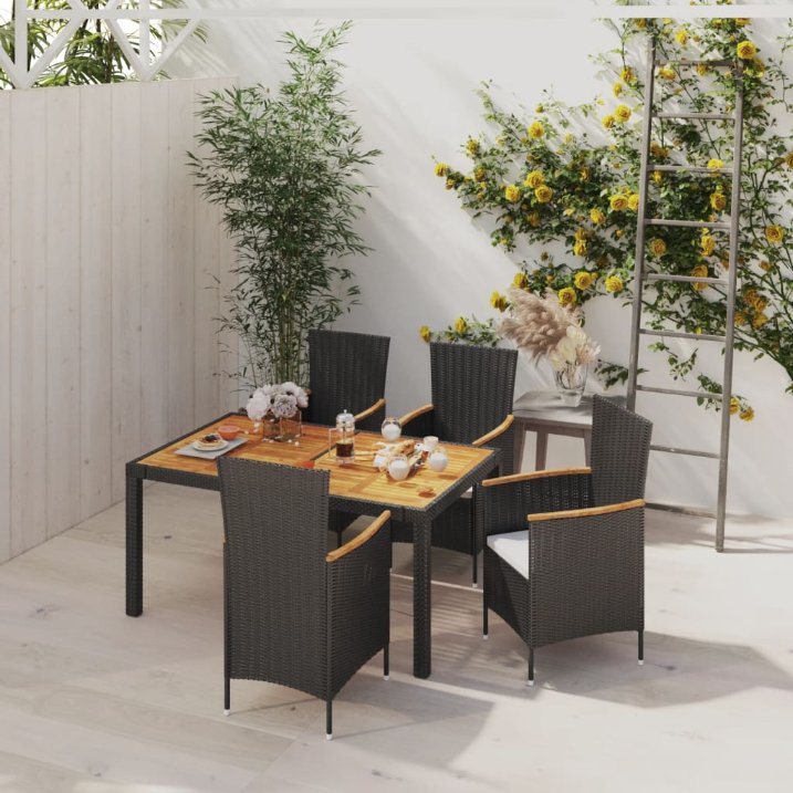 3-tlg. Garten-Essgruppe mit Auflagen Poly Rattan Schwarz