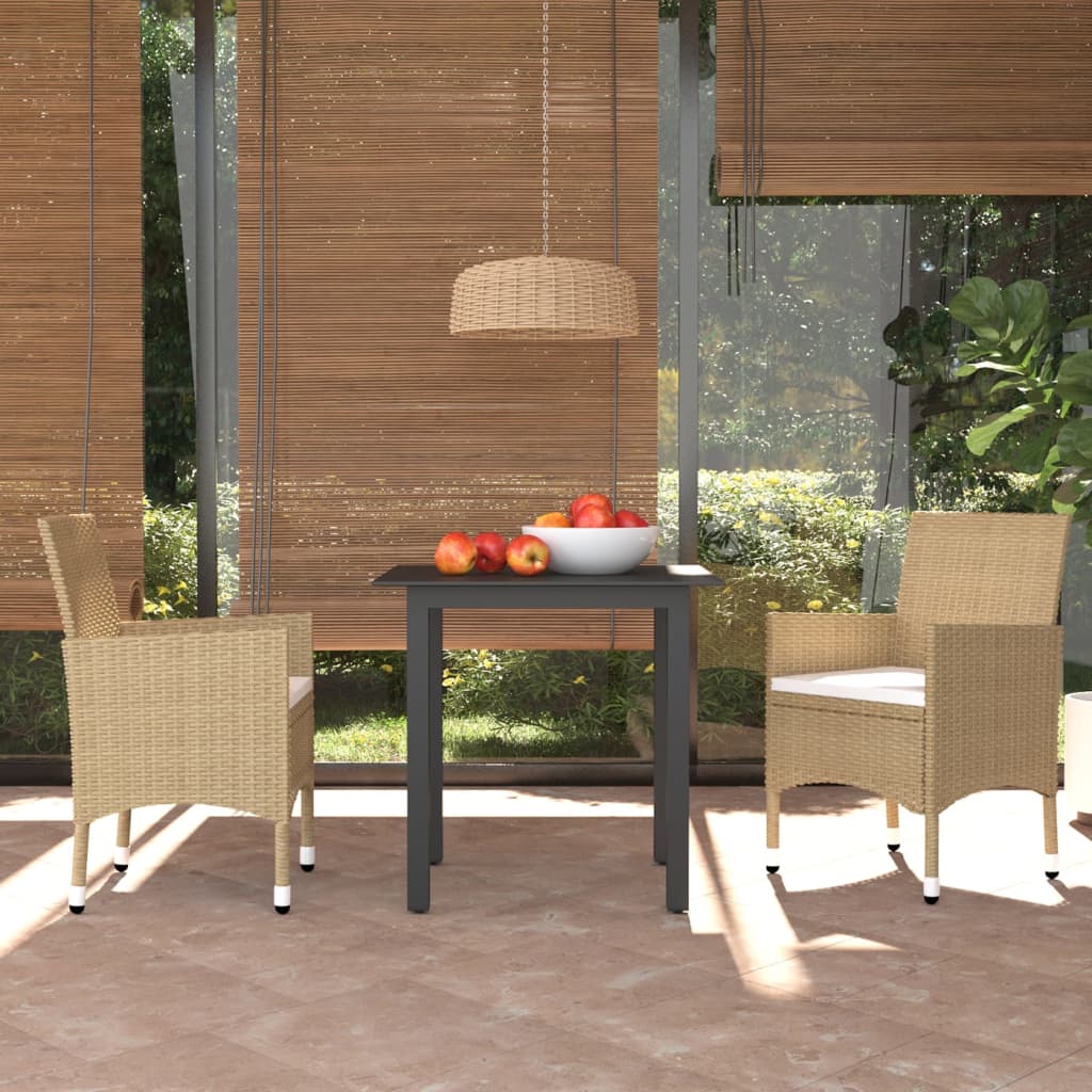 3-tlg. Garten-Essgruppe mit Kissen Poly Rattan Schwarz