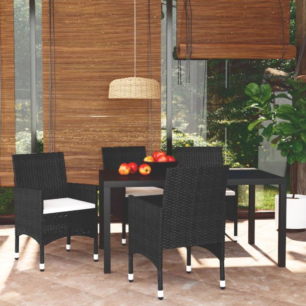 3-tlg. Garten-Essgruppe mit Kissen Poly Rattan Schwarz