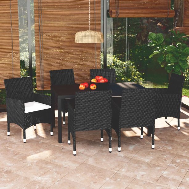 3-tlg. Garten-Essgruppe mit Kissen Poly Rattan Schwarz