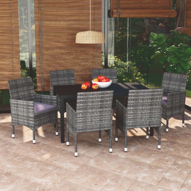 3-tlg. Garten-Essgruppe mit Kissen Poly Rattan Schwarz