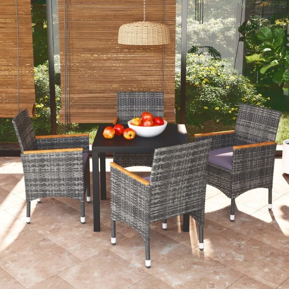 3-tlg. Garten-Essgruppe mit Kissen Poly Rattan Schwarz