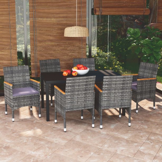 3-tlg. Garten-Essgruppe mit Kissen Poly Rattan Schwarz