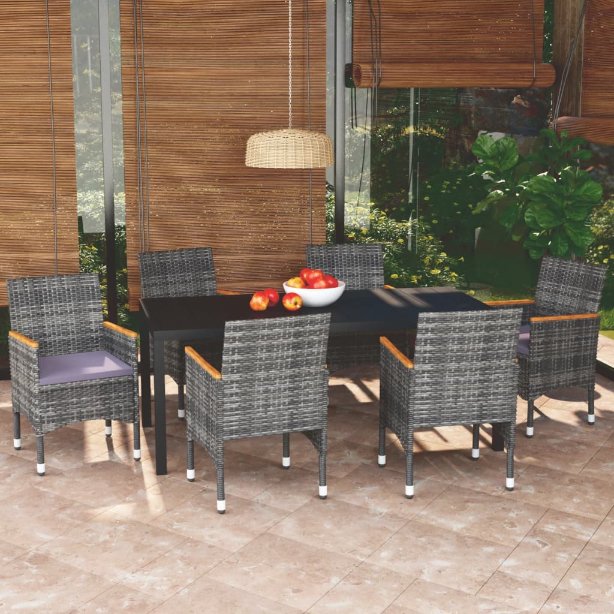 3-tlg. Garten-Essgruppe mit Kissen Poly Rattan Schwarz