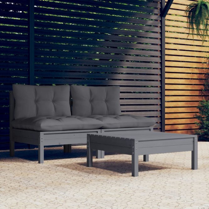 3-tlg. Garten-Lounge-Set mit Grauen Kissen Kiefernholz