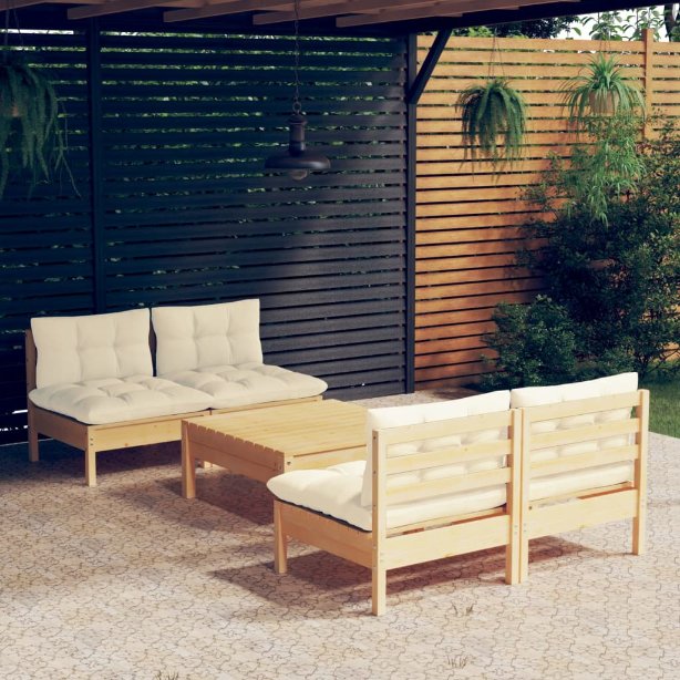 5-tlg. Garten-Lounge-Set mit Grauen Kissen Kiefernholz
