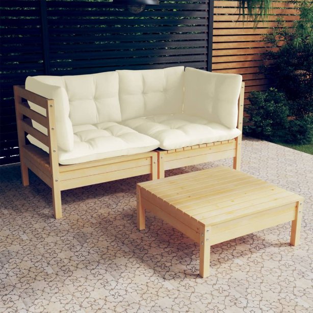 3-tlg. Garten-Lounge-Set mit Grauen Kissen Kiefernholz