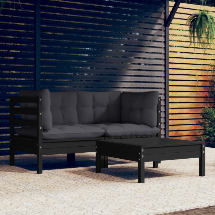 3-tlg. Garten-Lounge-Set mit Grauen Kissen Kiefernholz