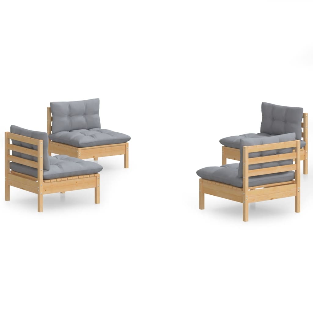 4-tlg. Garten-Lounge-Set mit Grauen Kissen Kiefernholz