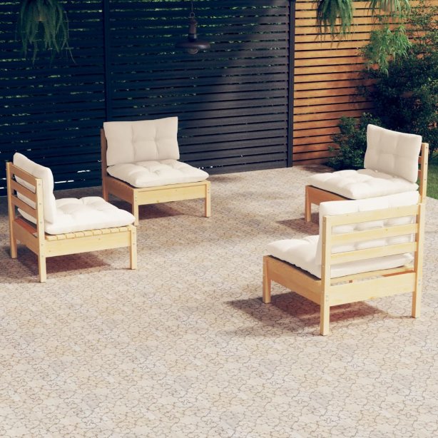 4-tlg. Garten-Lounge-Set mit Grauen Kissen Kiefernholz