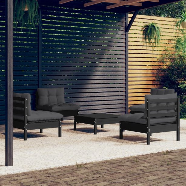 5-tlg. Garten-Lounge-Set mit Grauen Kissen Kiefernholz