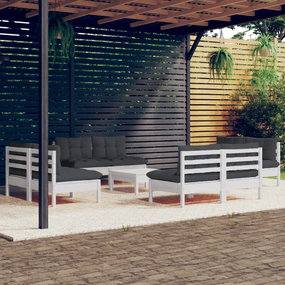 9-tlg. Garten-Lounge-Set mit Grauen Kissen Kiefernholz