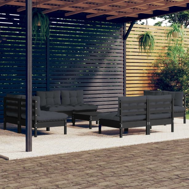 9-tlg. Garten-Lounge-Set mit Grauen Kissen Kiefernholz