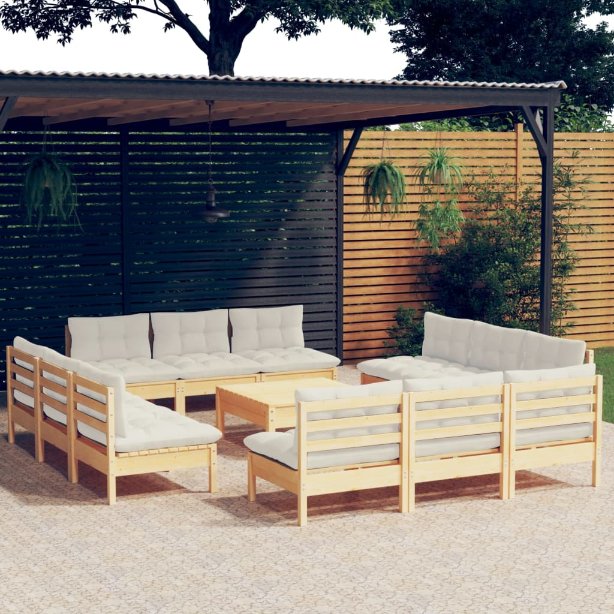 13-tlg. Garten-Lounge-Set mit Grauen Kissen Kiefernholz