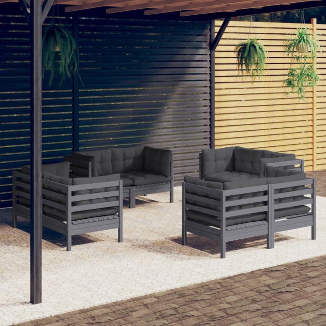 8-tlg. Garten-Lounge-Set mit Grauen Kissen Kiefernholz