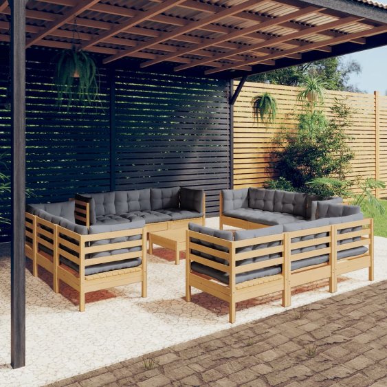 13-tlg. Garten-Lounge-Set mit Grauen Kissen Kiefernholz