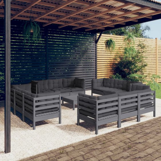 13-tlg. Garten-Lounge-Set mit Grauen Kissen Kiefernholz
