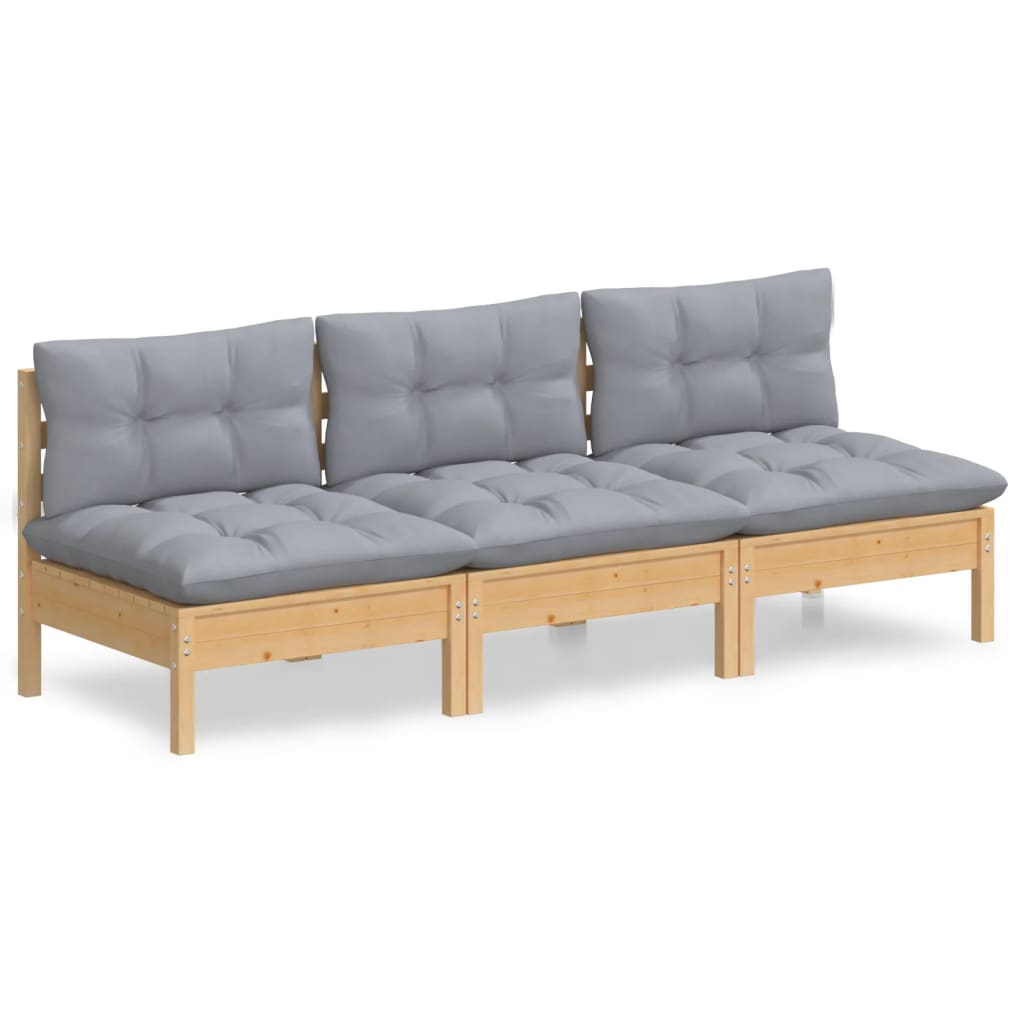 vidaXL 3-Sitzer-Gartensofa mit Grauen Kissen Massivholz Kiefer