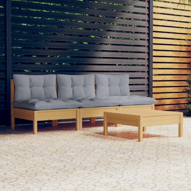 4-tlg. Garten-Lounge-Set mit Grauen Kissen Kiefernholz