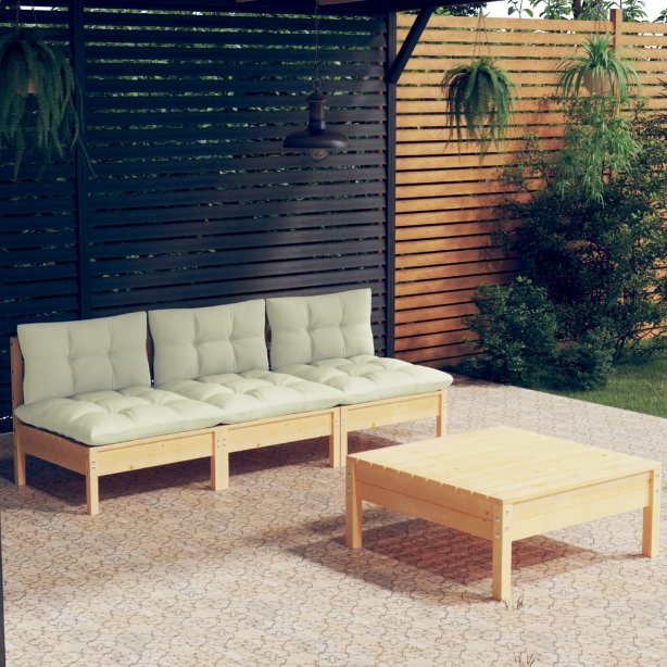 4-tlg. Garten-Lounge-Set mit Grauen Kissen Kiefernholz