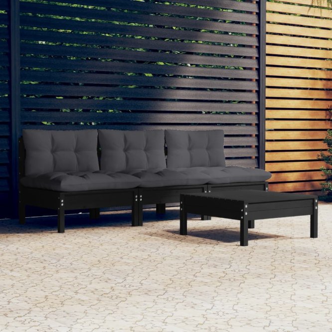 4-tlg. Garten-Lounge-Set mit Grauen Kissen Kiefernholz
