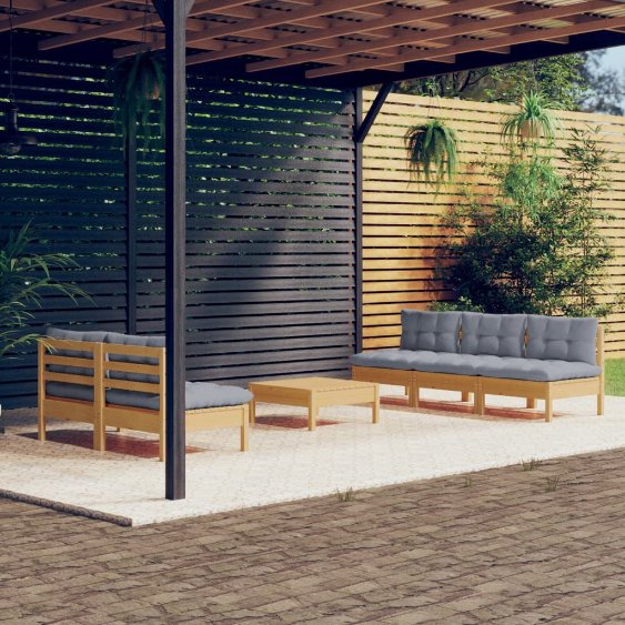 6-tlg. Garten-Lounge-Set mit Grauen Kissen Kiefernholz