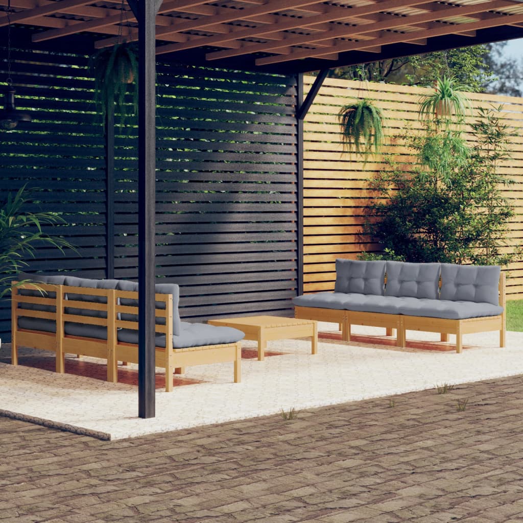 7-tlg. Garten-Lounge-Set mit Grauen Kissen Kiefernholz