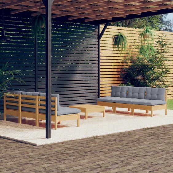 7-tlg. Garten-Lounge-Set mit Grauen Kissen Kiefernholz