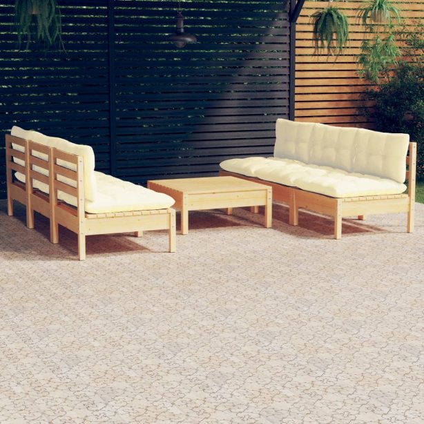 7-tlg. Garten-Lounge-Set mit Grauen Kissen Kiefernholz